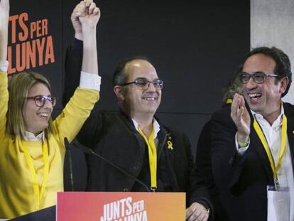 Celebraciones por el resultado en la noche electoral de Junts Per Catalunya. Con Jordi Turull, Josep Rull, Elsa Artadi y Eduard Pujol.   