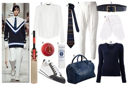 CRICKET. 1. Chanel Cruise. 2. Zara Camisa con solapa. 3. Diane de Clercq Corbata de punto de rayas. 4. Helmut Lang Pantaln de tiro alto con pinzas. 5. Plein Sud Cinturn de piel. 6. Designers Remix Guantes de piel con cremalleras. 7. Gray-Nicolls Palo de cricket. 8. Century Pelota de cricket. 9. L'Occitane Blsamo labial. 10. Ralph Lauren Jersey de punto de ochos. 11. & Other Stories Bolso de piel. 12. Dsquared2 Zapatilla de deporte de piel bicolor con tachuelas.