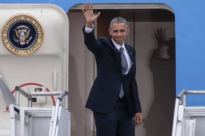 O presidente dos EUA, Barack Obama, antes de deixar Berlim rumo a Lima.