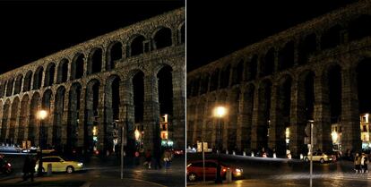 El acueducto de Segovia, antes y después del apagón.