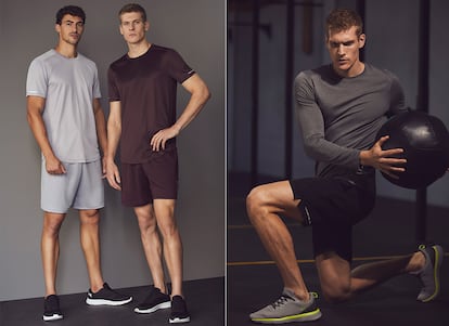 La colección We are Sport de Lefties condensa los básicos deportivos que todo hombre necesita: bermudas deportivas (7,99 € el pack de dos), camisetas transpirables (7,99 € el pack) y zapatillas (11,99 €). En la derecha, para hacer crossfit, el modelo lleva camiseta de manga larga (6,99 €), bermudas de entrenamiento (12,99 €) y zapatillas con detalles fluor (12,99 €).