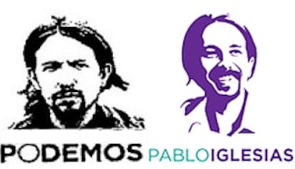 A la derecha, el nuevo logotipo de la web de Iglesias; a la izquierda, el que presentó Podemos a las elecciones europeas. / EL PAÍS
