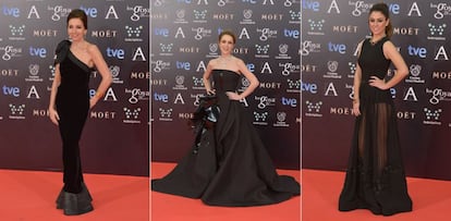 Los vestidos negros son el valor más seguro en estas ocasiones. De izquierda a derecha, Ana Belén posa con un traje de Giorgio Armani; Silvia Abascal, con uno de alta costura de Stephane Rolland y Blanca Suárez, con uno transparente de Elie Saab.