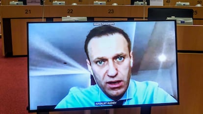 Alexéi Navalni participa por videoconferencia en una sesión de la comisión de Asuntos Exteriores del Parlamento Europeo, en noviembre.