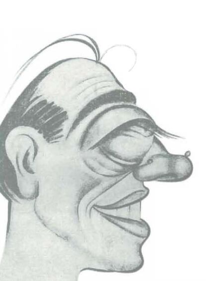 Caricatura de Buñuel publicada en <i>El Grafico</i> en 1947 con motivo del estreno de <i>Gran Casino</i>. "Cuando alguien conoce al director vanguardista catalán [sic] Buñuel, recién admitido al cine nacional, vio este apunte de Salas, exclamó: ¡Pero si solo le falta hablar!."