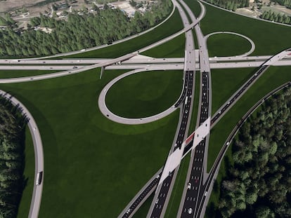 Ilustración realizada por Flatiron de cómo quedará el intercambiador entre las autopistas I-87 y NC-540 tras la ejecución de las obras.