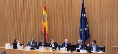 De izquierda a derecha: La magistrada Cristina de Vicente, Javier Ortega Smith (Vox), Enrique Fernando Santiago (Podemos), Luis Santamaría (PP), el magistrado José Ramón Bernacer María, José Maria Oleaga (PSOE) y Edmundo Bal (Cs)