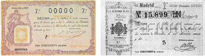 A la izquierda, décimo de lotería de 1897. A la derecha, uno de 1872.