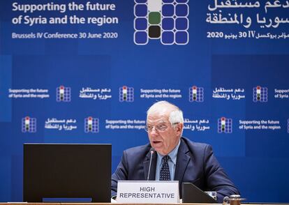 El jefe de la diplomacia europea, Josep Borrell, durante la conferencia de donantes en apoyo a Siria, este martes.