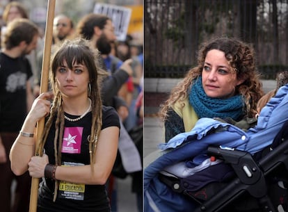 Mercedes Murillo, a la izquierda, en una manifestación de 2011. A la derecha, este viernes en el Retiro con su hijo.