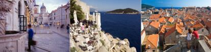 De izquierda a derecha, tres imágenes de la ciudad croata de Dubrovnik: plaza del centro histórico, la terraza del café Buza, sobre el Adriático, y los tejados de la ciudad amurallada.