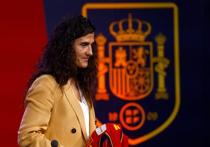 New Spain women's coach Montse Tomé during a press conference on Sept. 18, 2023.