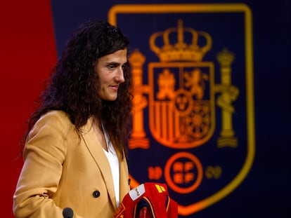 New Spain women's coach Montse Tomé during a press conference on Sept. 18, 2023.