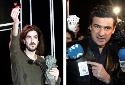 <p><b>2003. </b> Fue la gala más política, la de los gritos del “No a la guerra”, de alusiones a la marea negra del Prestige, de comentarios en contra del Gobierno de Aznar y alusiones al paro, problema en el que se centraba el filme ganador, 'Los lunes al so'l, de Fernando León de Aranoa, que en la imagen recoge el Goya a mejor director.</p> <p><b>2004. </b> En la puerta, una decena de personas gritaron contra Julio Medem, enla imagen, porque su película 'La pelota vasca' competía en el apartado a mejor documental. Hubo guerra de pegatinas: una blanca y grande de “ETA NO” y otra más pequeña con el lema “No al terrorismo. Libertad de expresión”, que llevaban muchos de los cineastas que el año anterior portaron la de “No a la guerra”.</p>