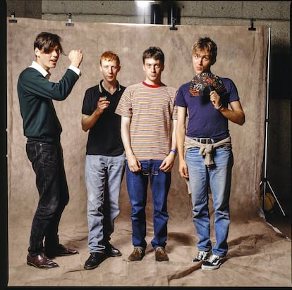 Alex James, Dave Rowntree, Graham Coxon y Damon Albarn en 1991.