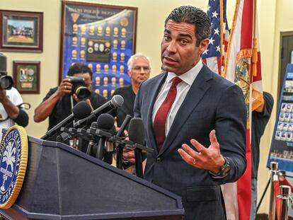 Miami Mayor Francis Suarez speaks during a press conference at the City of Miami Police Department in Miami, Florida, on June 12, 2023.