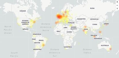 Mapa con los lugares donde daba problemas el servicio de Gmail a las 13.00 (hora española).