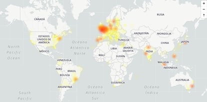 Mapa con los lugares donde daba problemas el servicio de Gmail a las 13.00 (hora española).