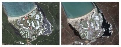 Combinación de imágenes por satélite de isla de San Martin, el 25 de agosto de 2016 y el 11 de septiembre de 2017, tras el paso del huracán Irma.