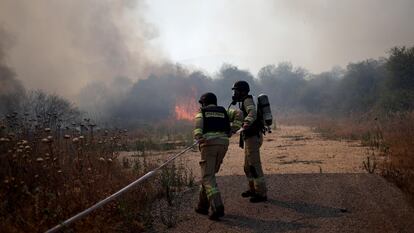 Bomberos israelíes apagan un incendio en Dishon, en el norte del país, después de que se interceptara un objetivo aéreo que cruzó desde el Líbano, este martes.