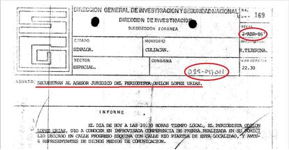 Detalle de la foja correspondiente 025-047-001, sobre el secuestro del asistente del periodista Odilón López Urías, fechado el 2 de abril de 1986.