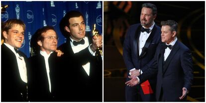 A la izquierda: los actores Matt Damon, Robin Williams y Ben Affleck, en los Oscar de 1998. A la derecha, los intérpretes que saltaron a la fama por su película 'El indomable Will Hunting' en los premios de la Academia del pasado febrero.