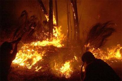 Vecinos de A Bola (Ourense) combaten las llamas de un incendio que amenazaba sus casas.