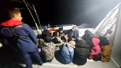 Some of the Palestinians who were illegally returned by Greece to Turkey in an inflatable boat. They are pictured upon being rescued by the Turkish Coast Guard, on October 22, 2022.