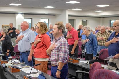 Residents of a Baraboo County, Wisconsin, county debate about preventing refugee resettlement, last September.