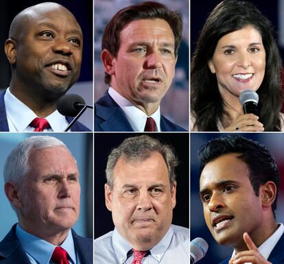 This combination of photos shows Republican presidential candidates, top row from left, Sen. Tim Scott, R-S.C., Florida Gov. Ron DeSantis, and former South Carolina Gov. Nikki Haley, and bottom row from left, former Vice President Mike Pence, former New Jersey Gov. Chris Christie, and Vivek Ramaswamy.