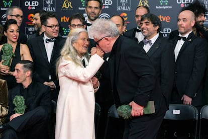 Actress Benedicta Sánchez is congratulated by Pedro Almodóvar.