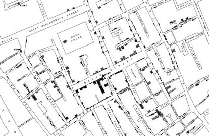 Mapa del brote de cólera en Broad Street, en Londres, creado por John Snow para localizar las muertes en torno al pozo contaminado.