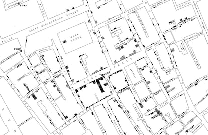 Mapa del brote de cólera en Broad Street, en Londres, creado por John Snow para localizar las muertes en torno al pozo contaminado.