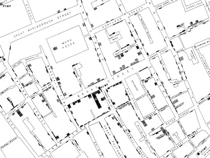 Mapa del brote de cólera en Broad Street, en Londres, creado por John Snow para localizar las muertes en torno al pozo contaminado.