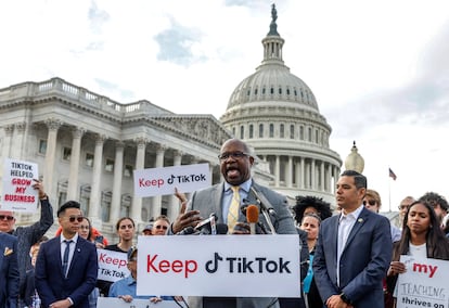 U.S. Representative Jamal Bowman (D-NY) joins TikTok creators at a news conference to speak out against a possible ban of TikTok at the House Triangle at the United States Capitol in Washington, U.S., March 22, 2023.