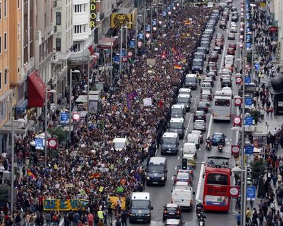 Protestors on a recent march make their way through Madrid. 