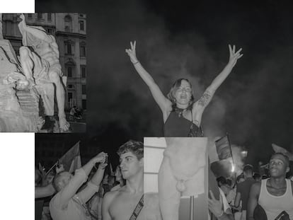 Una escultura de Bernini de la fuente de la plaza Navona. A la derecha, escultura de los Museos Capitolinos superpuesta sobre una fotografía de la multitud que celebra en 2021 en el puente Sixto la victoria de Italia en la Eurocopa.