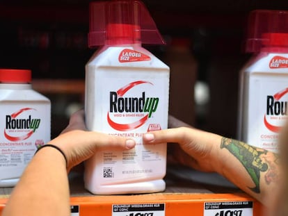 Um empregado coloca frasco do herbicida Roundup na prateleira de uma loja em San Rafael, na Califórnia