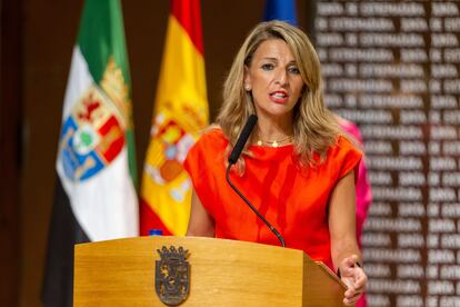 Yolanda Díaz, el miércoles durante una rueda de prensa en Mérida.