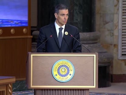 El presidente del Gobierno, Pedro Sánchez, durante su intervención en la Cumbre de la Liga Árabe en Bagdad, 17 de mayo de 2025.
EUROPA PRESS
17/05/2025