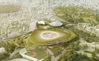 La idea de GMP Architekten para el Estadio Olímpico de Tokio 2020, otro de los proyectos que inspiraron a los arquitectos Jordi Fernández y Eduardo Gutiérrez (ON-A) para la renaturalización del coliseo barcelonés. |