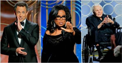 Seth Meyers, Oprah Winfrey y Kirk Douglas, en los Globos de Oro 2018.
