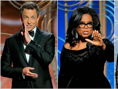 Seth Meyers, Oprah Winfrey y Kirk Douglas, en los Globos de Oro 2018.