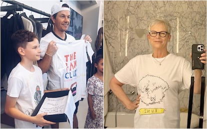 A la izquierda, Dylan entregando la camiseta número 292 de su marca a Mark Wahlberg. A la derecha, Jamie Lee Curtis haciéndose un selfi con la camiseta número 204, inspirada en su perro 'Runi'. Hizo otra parecida (la 203) para el marido de la actriz, Christopher Guest.