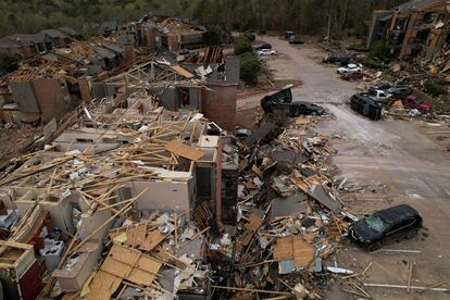 An aerial view Calais Apartments, in the aftermath of a tornado, after a monster storm system tore through the South and Midwest, in Little Rock, Arkansas, U.S. April 2, 2023