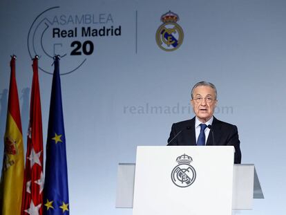 El presidente del Real Madrid, Florentino Pérez, durante la Asamblea de Compromisarios de este domingo.
