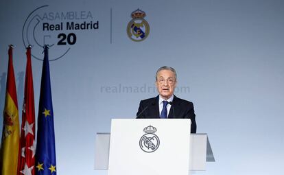 El presidente del Real Madrid, Florentino Pérez, durante la Asamblea de Compromisarios de este domingo.