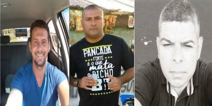 De esquerda à direita: Leandro da Silva Lopes, Leandrinho de Xerém, pré-candidato a vereador pelo PSDB e com duas passagens por suspeita de homicídio, Sérgio da Conceição de Almeida, o Berém do Pilar, pré-candidato a vereador e conhecido no seu bairro como “o cara que cuidava da segurança”, e Denivaldo Meireles, segurança privado e com vínculos com a milícia.