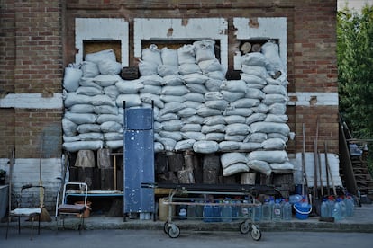 Sandbags protect one of the hospitals on the front line, which are sometimes targeted by Russian shells.