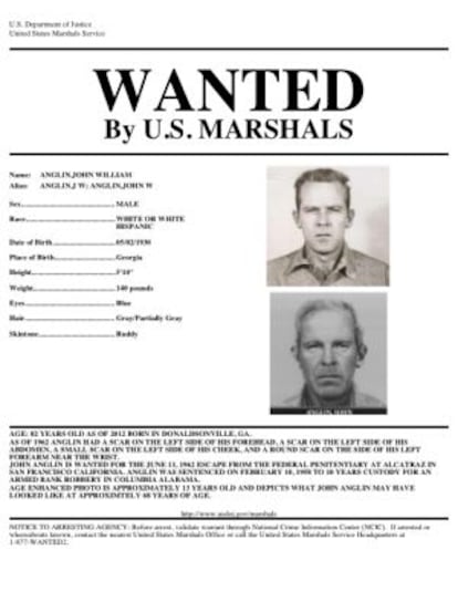 Cartel de 'se busca' del FBI con el aspecto de John Anglin.